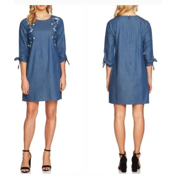 CECE Den Embroidered 3/4 Sleeve Chambray Shift Dress Size 10 Floral Boxy Denim - Picture 1 of 15